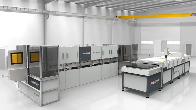 Dieses Bild zeigt die horizontale Inline Beschichtungsanlage DELTALINE H der Firma HS-Group. Sie ist die ideale Lösung für präzise Beschichtungsaufgaben.